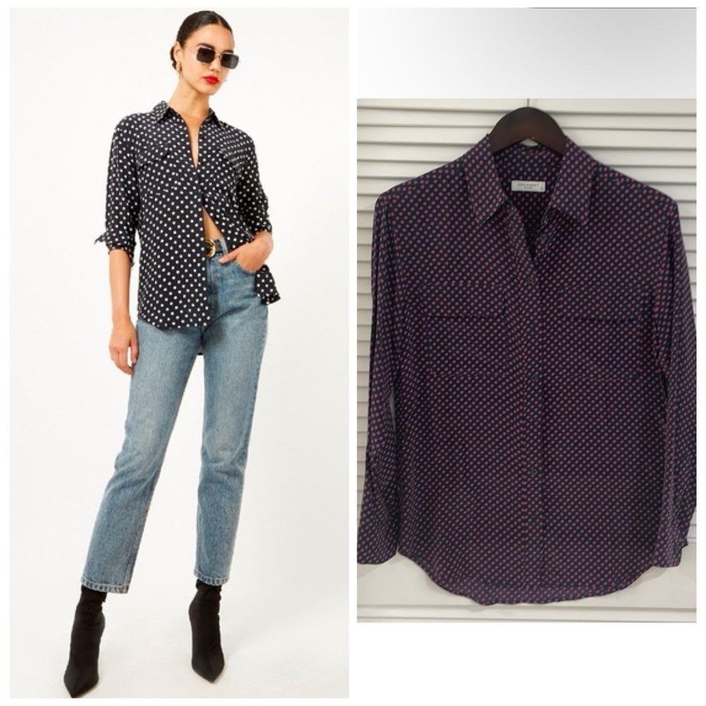 Equipment Navy Blue Pink Polka Dot Button Down Top XS Silk Slim Signature Femme
